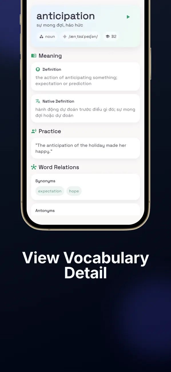 Vokai screenshot showing a practice and review screen